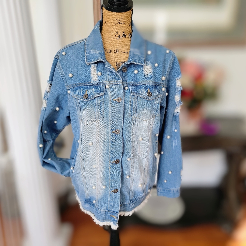 Light Blue Distressed Jean Jacket with Star Embellishments